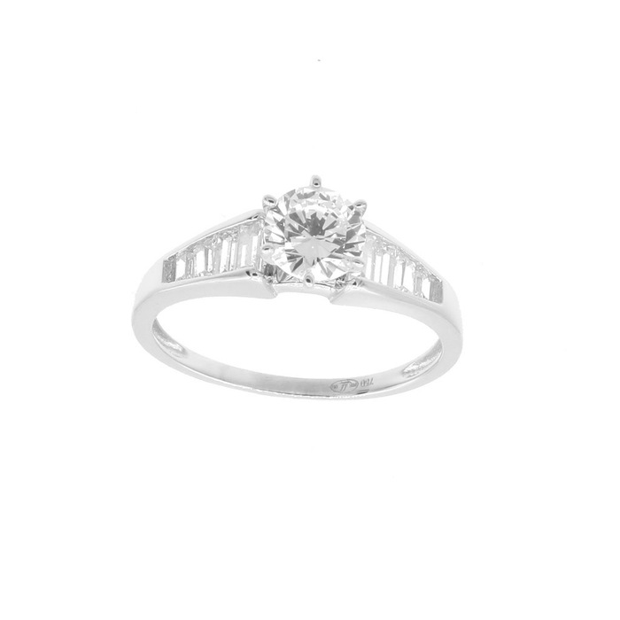 Solitaire accompagné 6 griffes et baguettes serties rail  en Or 750 / 1000 (18K)