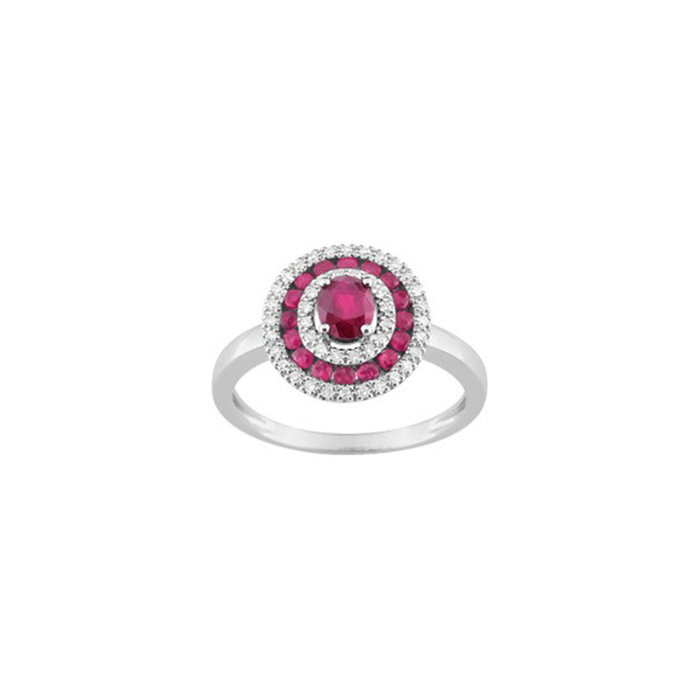 Bague motif entourage rubis et diamants 0.132Cts  en Or 750 / 1000 (18K)