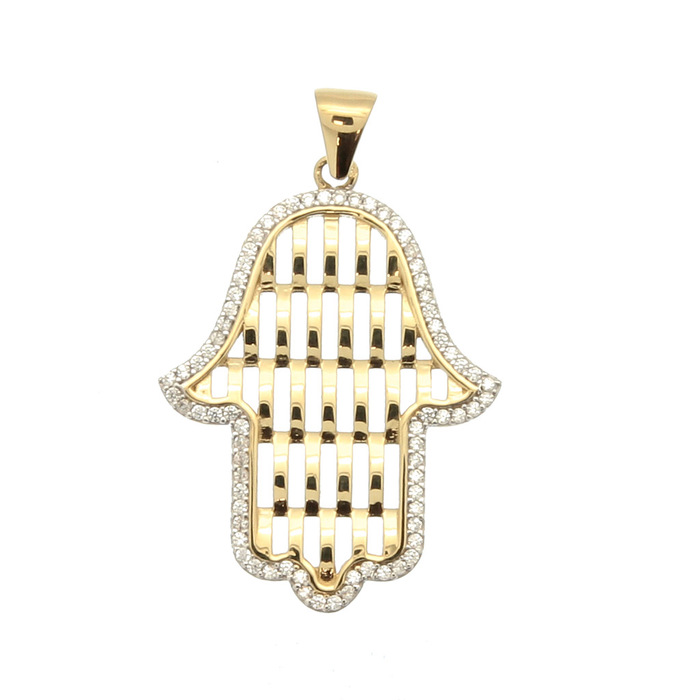 Pendentif religieux main découpée entourage oxydes  en Or 750 / 1000 (18K)