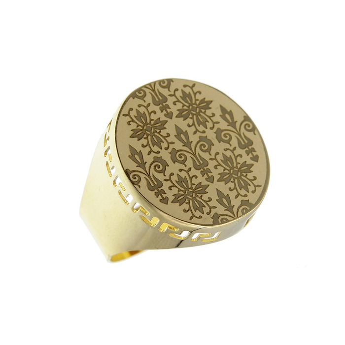 Chevalière table ronde et gravure fleur de lys  en Or 750 / 1000 (18K)