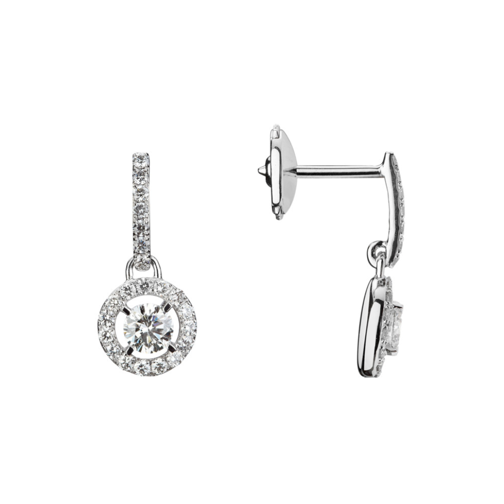 Paire de boucles pendantes 4 griffes avec entourage en Or 750 / 1000 (18K)