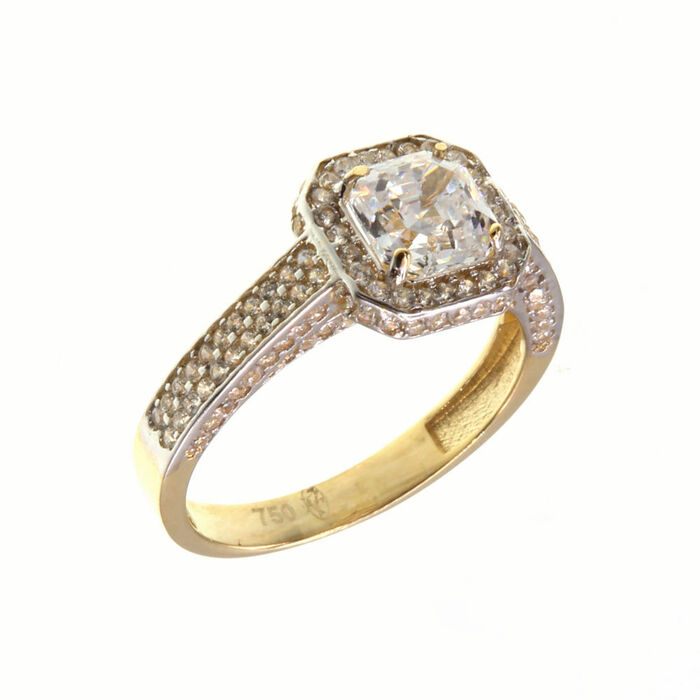 Solitaire accompagne 3d avec entourage coussin carre  en Or 750 / 1000 (18K)