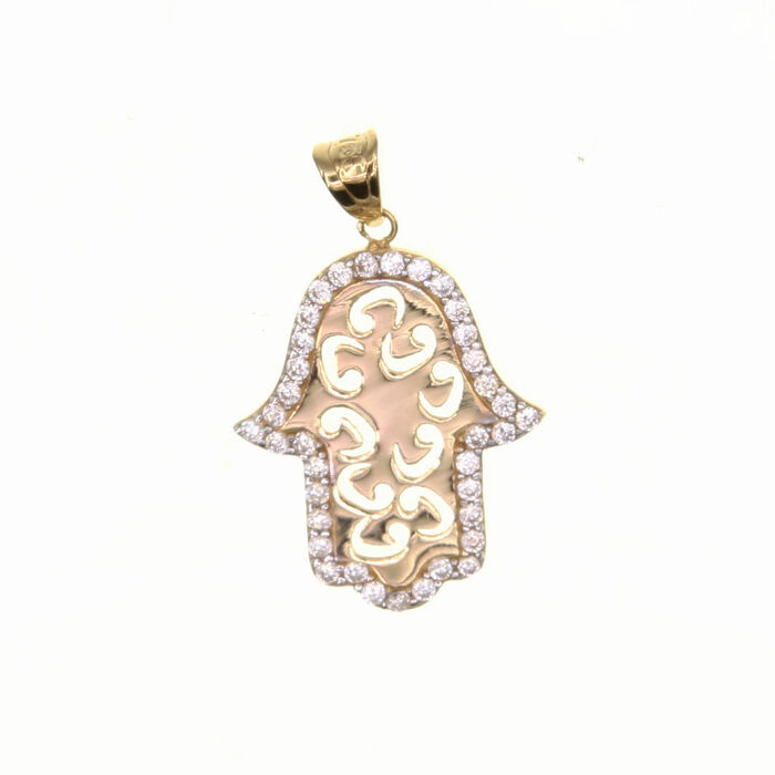 Pendentif religieux main decoupee avec oxydes  en Or 750 / 1000 (18K)