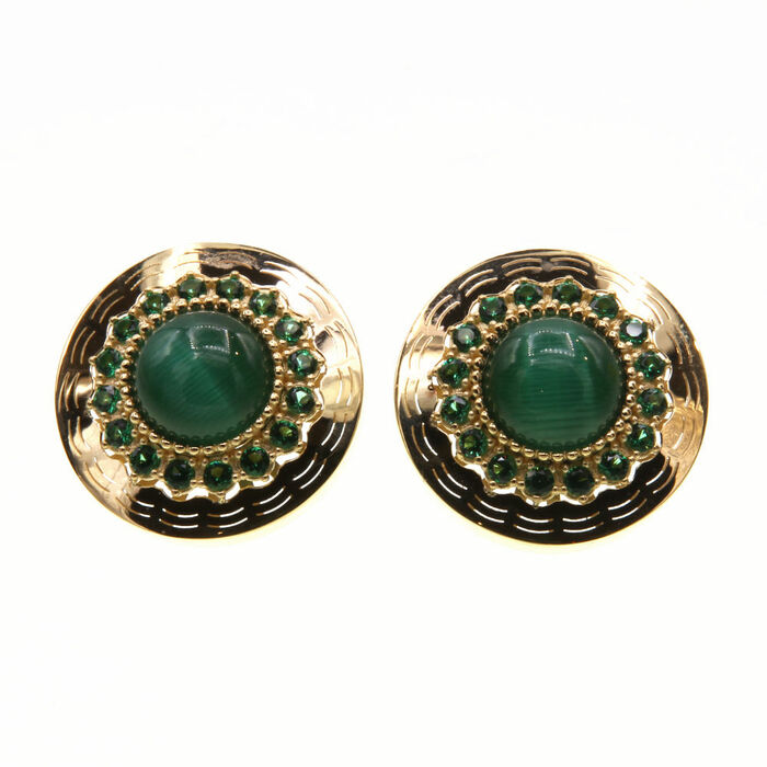 Paire de boucles à vis ronde pierres vertes  en Or 750 / 1000 (18K)