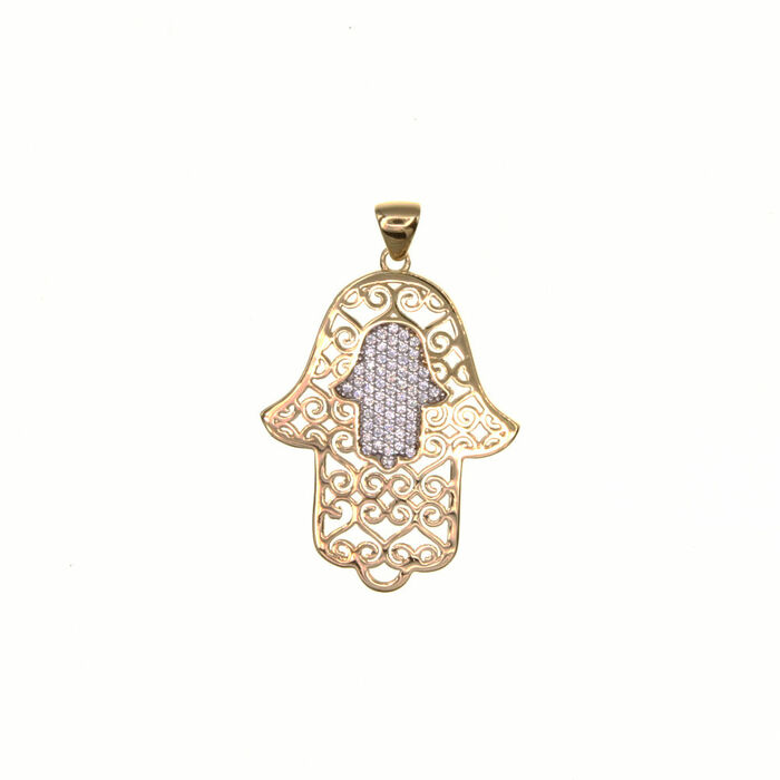 Pendentif religieux main decoupee avec une main pavee au centre  en Or 750 / 1000 (18K)