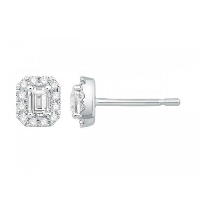Paire de boucles à vis taille emeraude avec entourage  en Or 750 / 1000 (18K)