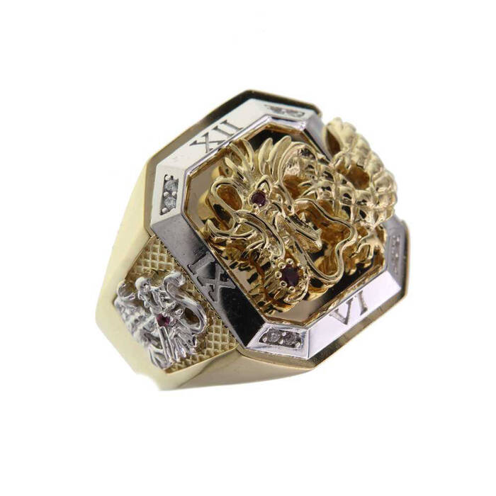 Chevalière table hexagonale et motif Dragon  en Or 750 / 1000 (18K)