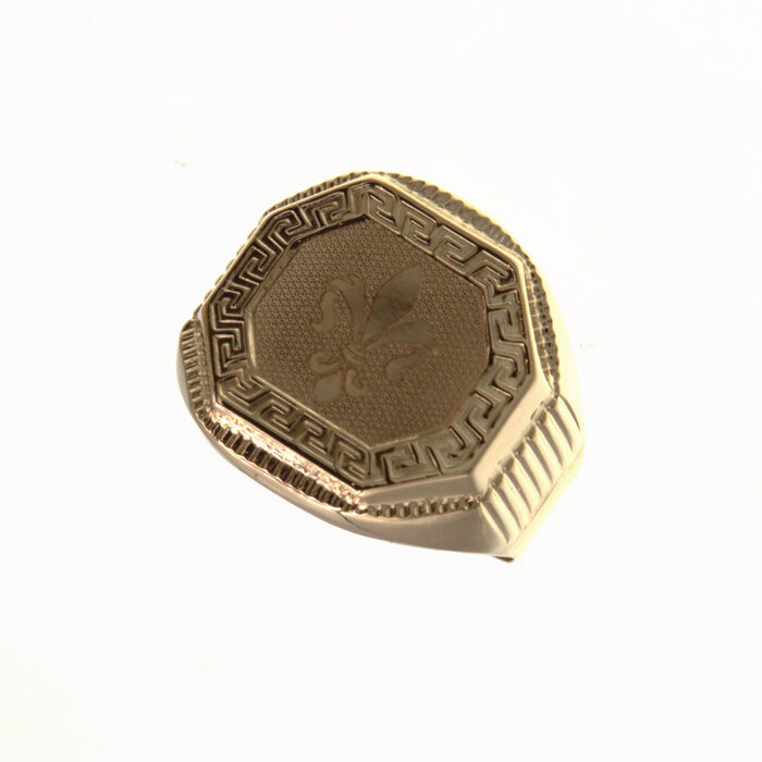 Chevalière fleur de lys gravee et motif grec  en Or 750 / 1000 (18K)