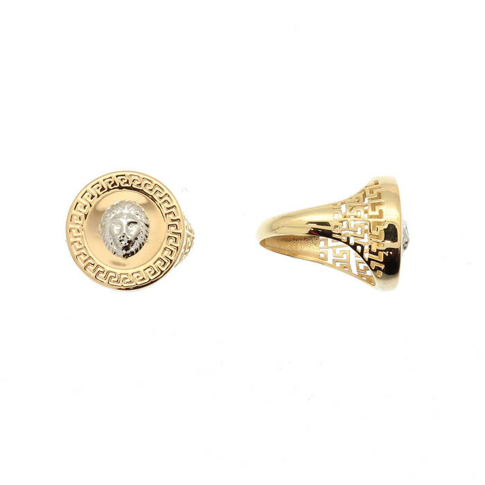 Chevalière tête de lion ronde et motif greque  en Or 750 / 1000 (18K)