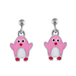Paire de boucles pendantes BO TIGE ARGENT RHODIE PINGOUIN ROSE  en Argent 925 / 1000