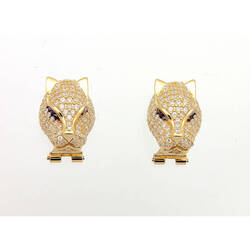 Paire de boucles dormeuses têtes de panthère pavées et yeux rouges fermoir à clip  en Or 750 / 1000 (18K)