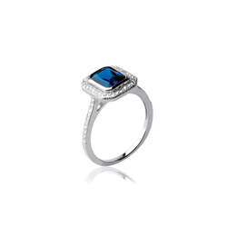 Bague motif entourage taille emeraude centre bleu  en Argent 925 /1000