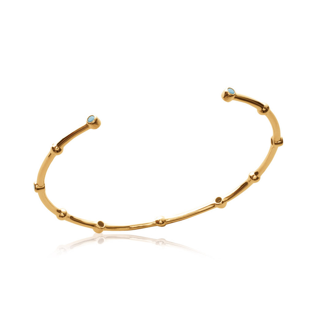 Bracelet Rigide avec boule et turquoises ouvert en Plaqué Or